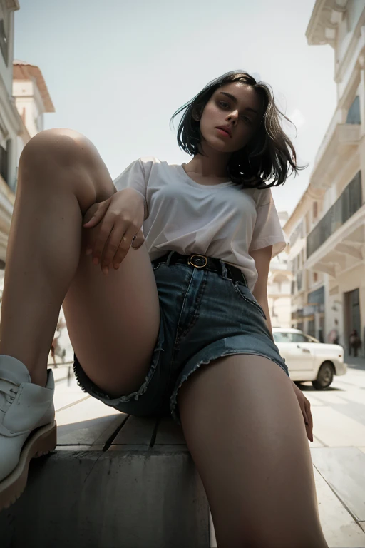 masterpiece, best quality, hyperrealistic, cinematic photo,  woman, pale skin, italian amazing slim body, thight denim shorts, w...