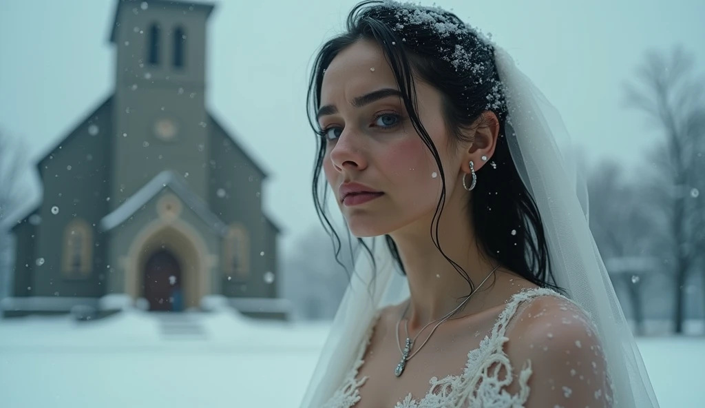 (RAW shooting, Photoreal:1.5, 8K, highest quality, masterpiece, ultra high resolution), ((((heavy snow, Blizzard)))), Highly detailed skin and facial textures:1.3, perfect dynamic composition:1.2, (In front of a church at night in a modern city, expression...