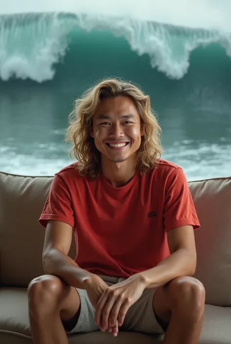 (photorealism:1.2), photography of a 20 year old Asian guy smiling with long curly blond hair wearing a red t-shirt, shorts, flip-flops, sitting relaxed on the sofa, afternoon tsunami background 