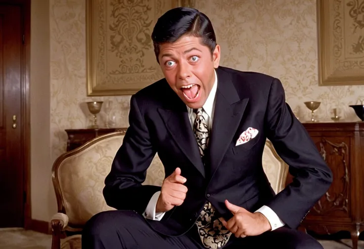 Jerry Lewis (age 30, formal suit, silly expression), he is looking to the viewer and comically trying to escape several cute yuna vampires (pale, naughty ;ingerie, bog sharp teeth), living room