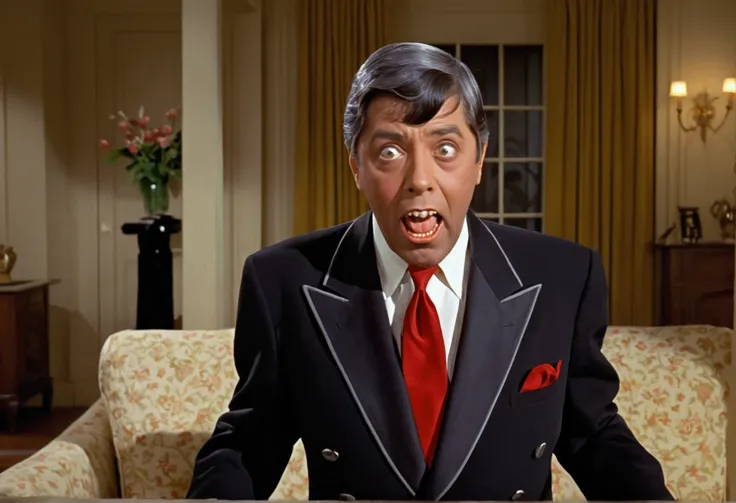 Jerry Lewis (age 30, formal suit, silly expression), he is looking to the viewer and comically trying to escape several cute yuna vampires (pale, naughty ;ingerie, bog sharp teeth), living room
