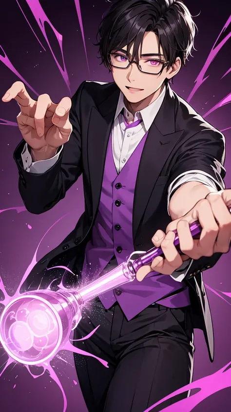 Draw an image of a young man wearing glasses, wearing a suit in a purple background. His eyes are glowing purple as she threw a potion vial into the screen