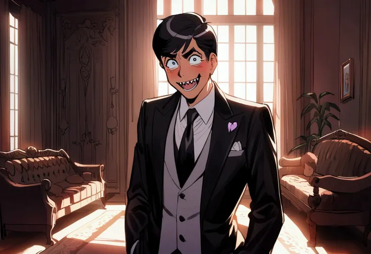 Jerry Lewis (age 30, formal suit, silly expression), he is looking to the viewer and comically trying to escape several cute yuna vampires (pale, naughty ;ingerie, bog sharp teeth), living room
