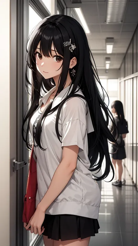 [[[ ultra-detailed, best quality, soft skin, beautiful face, masterpiece, close-up, modern setting, anime]]] black hair, flowing hair, hair ornament, black eyes, composed, school hallway, cute clothes , subtle hair ornament, looking down, monotone, dynamic...