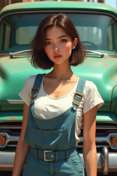 #verry Realistic, best pic
young female Indonesian ,age () ,brown short  hair,white short sleeves，Denim cargo suspenderwith, behind a old (green Chevrolet Suburba car)