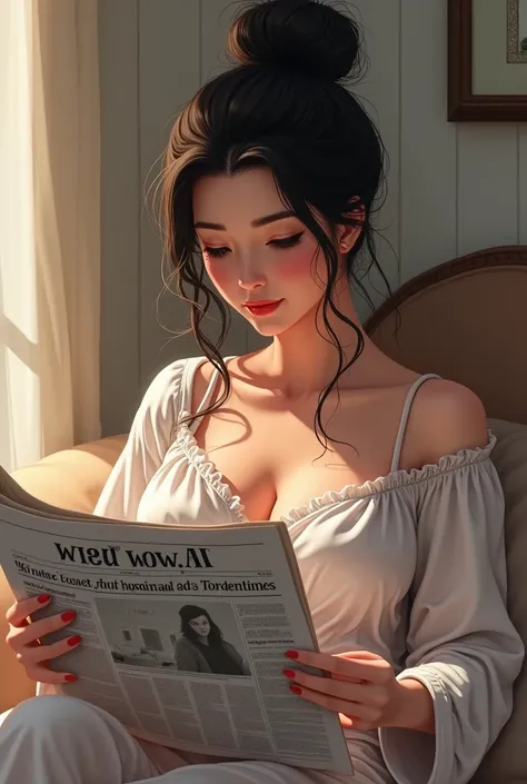 Fanart; Adult woman with black hair, gathered into a messy bun, just woken up.  Big breasted and slender, western. with pajamas, reading the newspaper