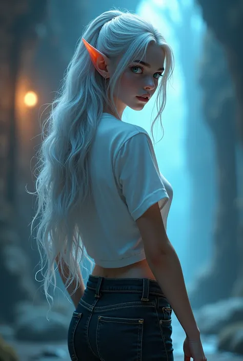 A young female elf with a petite, athletic build, long pale grey hair, piercing blue glowing eyes, and small pointed ears, wearing a white shirt and black jeans, seen from behind, in a highly detailed and realistic illustration, digital art, cinematic ligh...