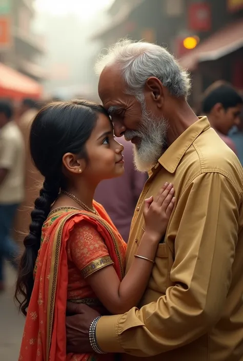 Realistic Indian girl, lip kiss, grandfather, in public 