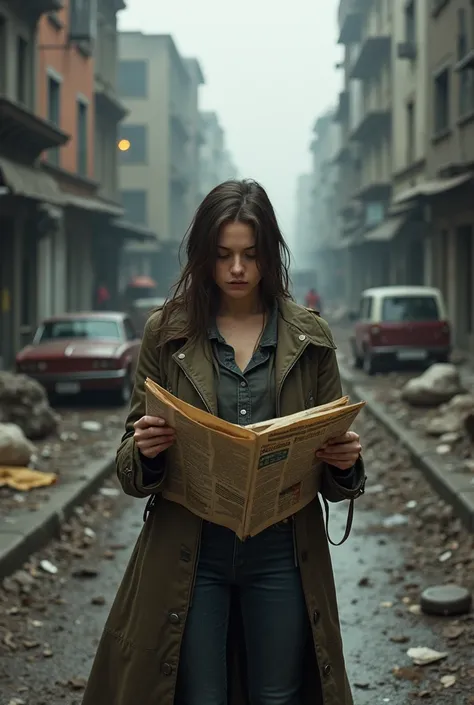 The streets in the apocalypse, with a brunette girl with an old newspaper in her hands