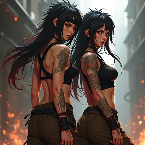 Duo, High Resolution, Masterpiece, Best Quality, Anatomically Correct, Action Painting, Hollowdeath568, RagingWolf, long spikey jet-black-red hair reaching down to thighs 1 shorter bang hanging over face, dark blood red eyes, athletic build, body scars, fu...