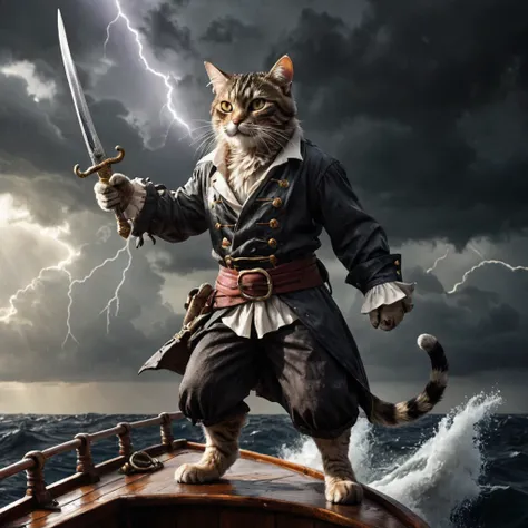 cat、Standing、Pirate Style、dagger、Rough seas、A ray of light in a stormy sky on a boat