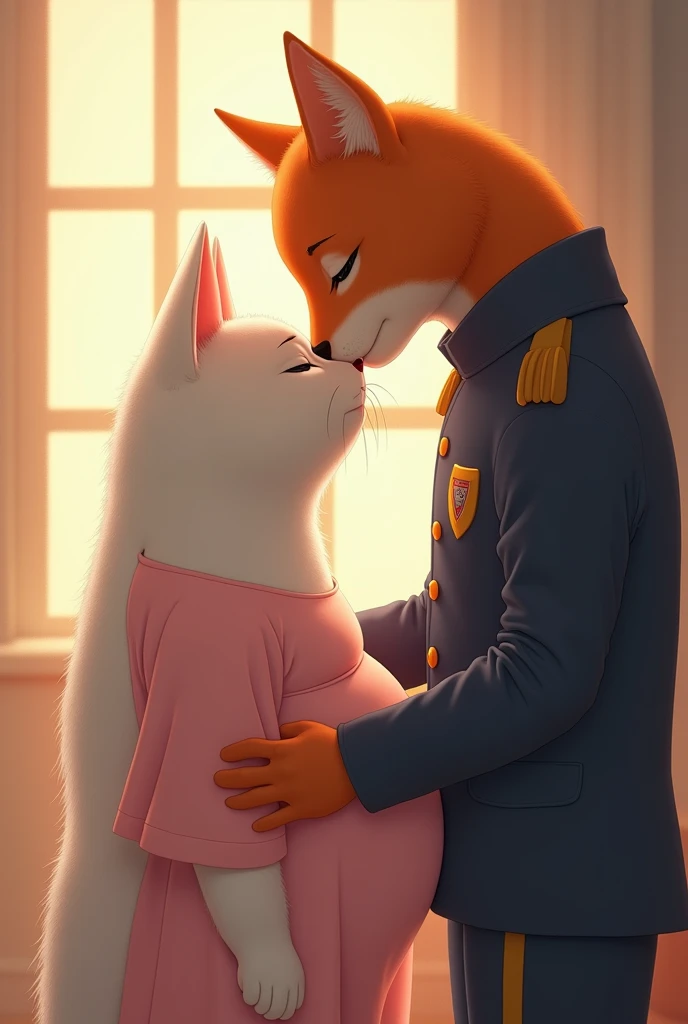 Generate an image of an anthropomorphic orange-colored male figure, with human-like features but subtly resembling an animal, tenderly kissing the forehead of a female anthropomorphic white cat. The cat should have soft, expressive eyes and visible feature...