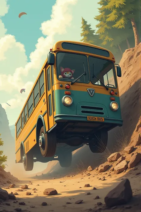 The bus is careening off the road, tilted dangerously to one side as it crashes down a hill. Dust and debris fill the air, and the buss passengers, including the chubby cat and its kitten, are visibly alarmed. The scene captures the moment of disaster, wit...