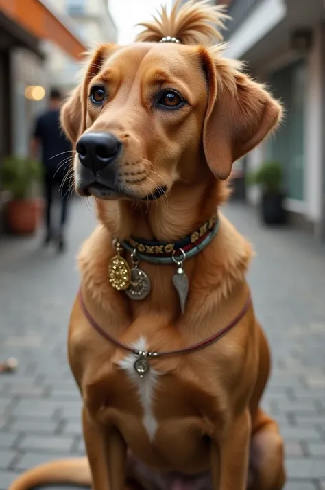 I would like to make a picture of a female dog, which is on the street but brown and with a kind of ponytail of blond color, that has gold bracelets and earrings.

Show her swollen animal vagina