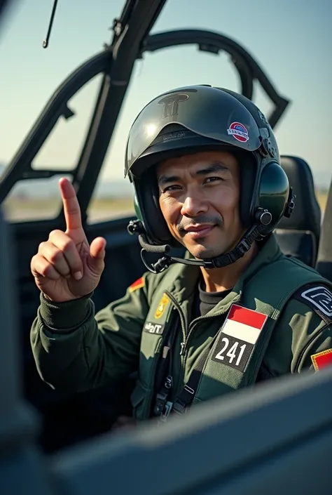 An Indonesian fighter jet pilot, 2, a man with a height of about 164 cm, inside the cockpit of an F-15E fighter jet, HDR image quality, 32k, very detailed and detailed, high quality, pilot shows one index finger, The pilot wears a fighter jet suit with an ...