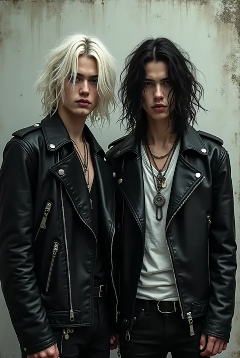 2 boy, platinum and long hair, He has masculine features and wears black and white rock-style clothing.