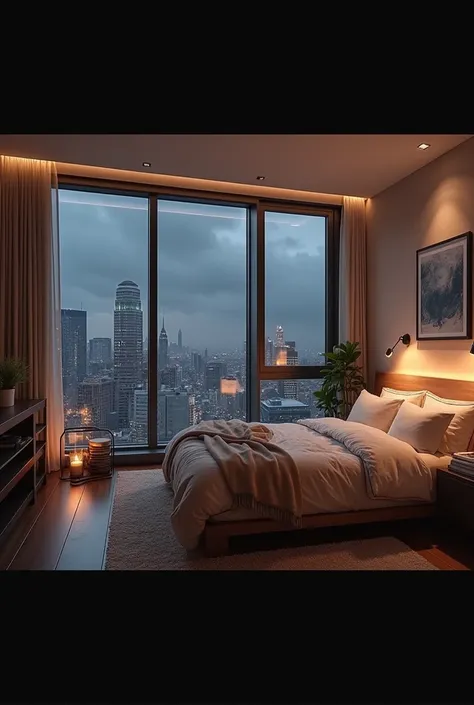 NewYork city modern bedroom with cozy vibes, big windows, dark weather outside, dim lights