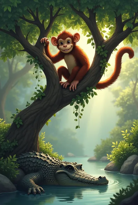 Monkey sitting on a tree and there is a crocodile in ponds 