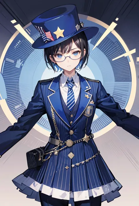 Standing portrait, Central Focus, Centered, Fully in-frame, Solo, Standing still, zoomed out

Gender: male

Appearance: short black hair, High-tech glasses, +earpiece, +blue and white striped suit, +star-patterned tie, +Uncle Sams hat, +futuristic wristwat...