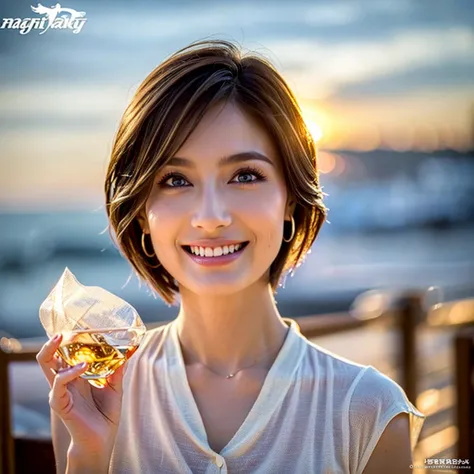 (Realistic, 超Realistic:1.4), 16K HDR, High resolution,((Whiskey Glass)),((Whiskey Bottle)),((Whiskey Glass)),Happy Smile、Short Hair,The best smile、Japanese Actress,so beautiful(It looks like the real thing),Evening Dresses,Cocktail Dresses、Whiskey Bottle、T...