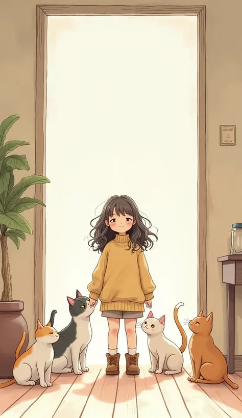 Girl with wavy hair、Surrounded by cats、A gentle smile、At the entrance、Wearing knitwear、Wearing boots、Wide-angle shot、Line art、Light color、Playing with a cat