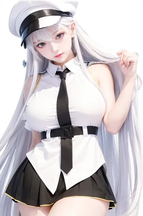 Realiatic girl in uniform with long white hair and a sailor hat,cute style, yandere. tall, in white clothes, with index finger,moe artstyle, female character