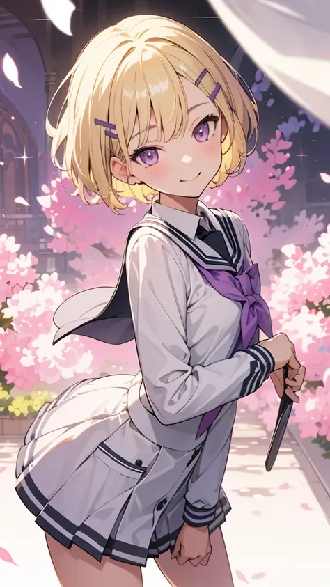 [[[ ultra-detailed, best quality, soft skin, beautiful face, masterpiece, close-up, modern setting, anime]]], short hairstyle, blonde hair, lilac eyes, bubbly, smiling, confident, school uniform, stage, dynamic angle, hairpins, slim body, university garden...