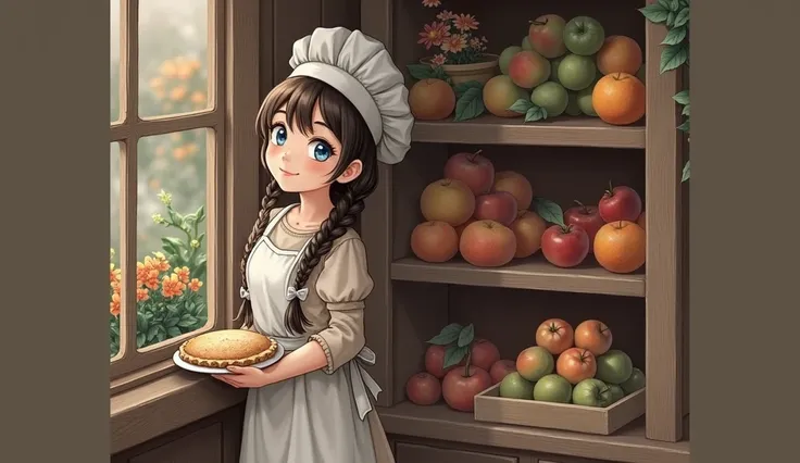 a young girl standing by a window in a rustic setting, holding a freshly baked pie. She has long, braided hair and is wearing a light-colored dress with a white apron and a chefs hat. Her expression is cheerful and inviting, with bright blue eyes that conv...