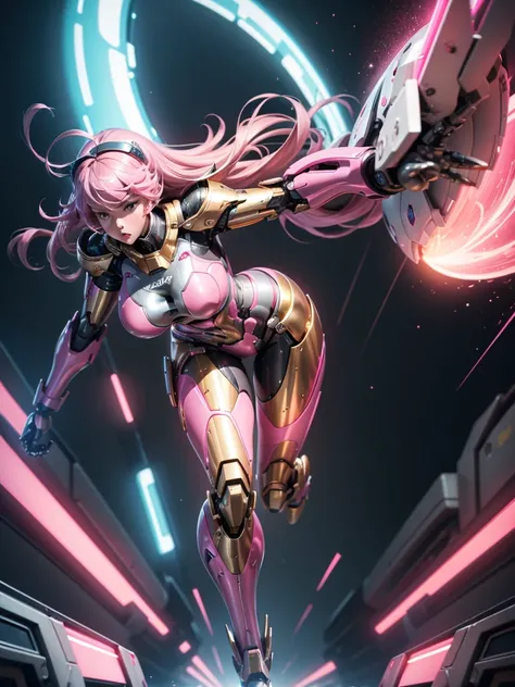 A dynamic girl-type robot with a huge and heavy-looking body.、Running and moving、Expressionless、Extremely long legs、Big Breasts、solo、Metallic pink body、Extremely long legs、Perfect proportions、From below