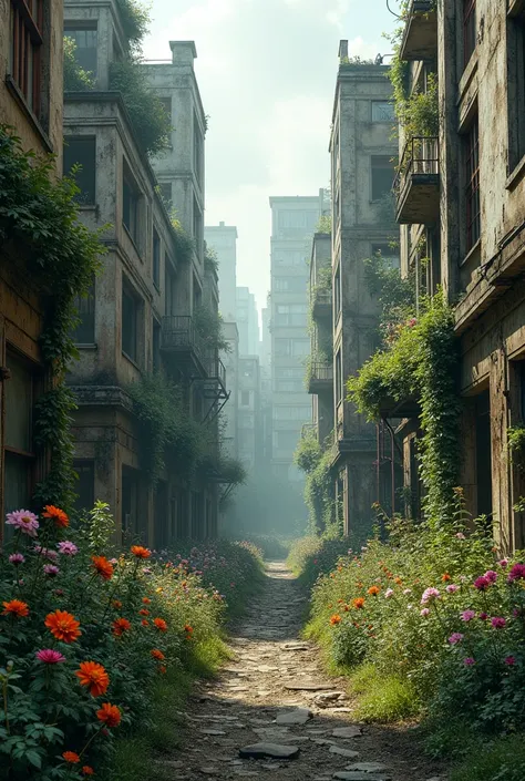 A deserted city with many flowers but ruined houses 