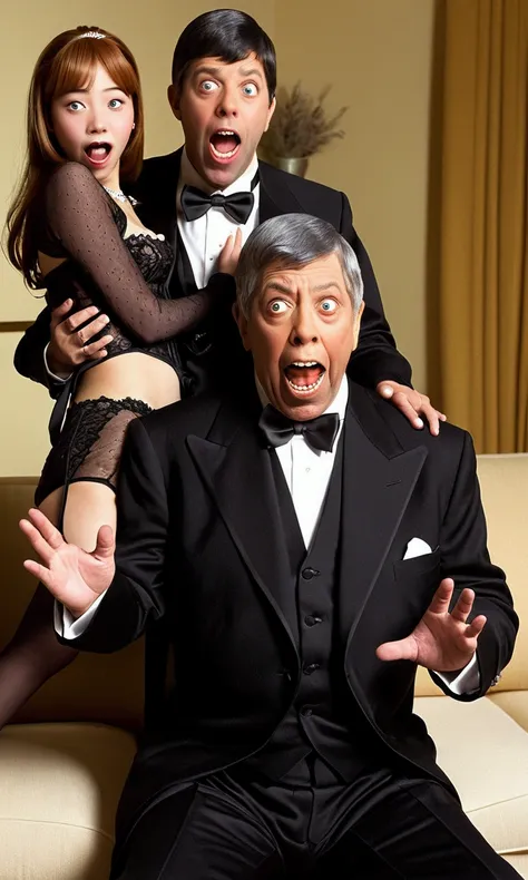 (Extreme complexity, multiple subjects) (subject 1:Jerry Lewis (age 30, formal suit, silly expression)), he is looking to the viewer and comically trying to escape (subject 2: several cute yuna vampires (pale, naughty ;ingerie, bog sharp teeth)), living ro...