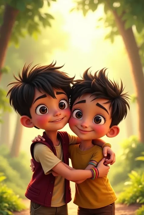 The image depicts two animated characters, both young boys, sharing a warm hug in a natural outdoor setting. The boys have bright smiles, with spiky dark hair and wide, expressive eyes. One of them wears a sleeveless maroon vest over a beige shirt, while t...