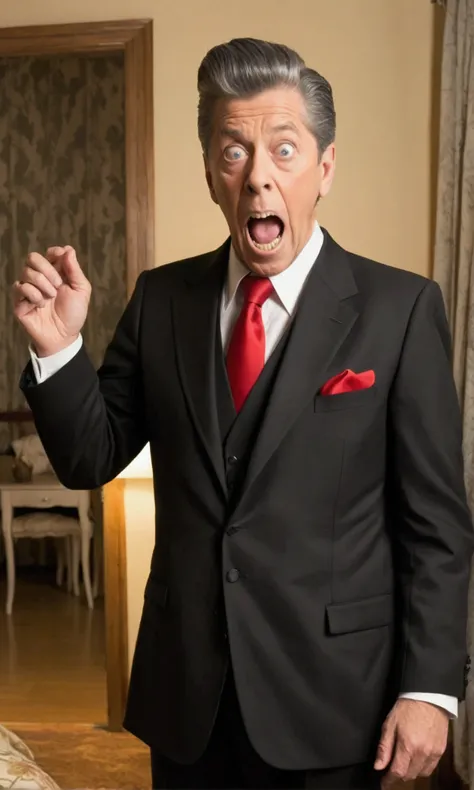 (Extreme complexity, multiple subjects) (subject 1:Jerry Lewis (age 30, formal suit, silly expression)), he is looking to the viewer and comically trying to escape (subject 2: several cute yuna vampires (pale, naughty ;ingerie, bog sharp teeth)), living ro...