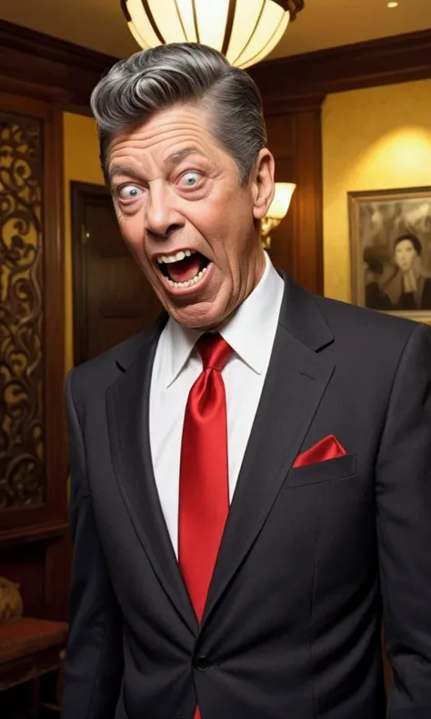 (Extreme complexity, multiple subjects) (subject 1:Jerry Lewis (age 30, formal suit, silly expression)), he is looking to the viewer and comically trying to escape (subject 2: several cute yuna vampires (pale, naughty ;ingerie, bog sharp teeth)), living ro...