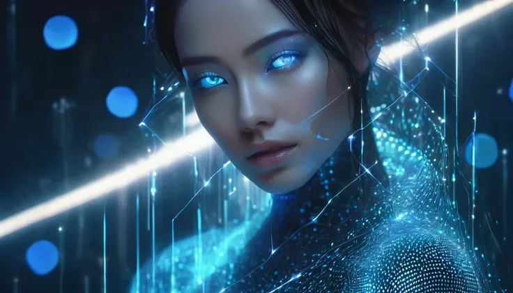 Digital portrait of a serene woman with aqua eyes, The woman has a futuristic aura.、The body and multiple layers of transparent clothing are made of glowing blue dots and connecting lines., On a smooth dark background, Reminiscent of advanced holographic t...