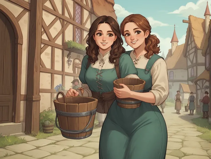 wh33z13, 1woman, long brown hair, young, late teen, carrying two buckets, Background with a medieval town, castle in far background, wearing medieval clothing, wide hips, one bucket in each hand, smile