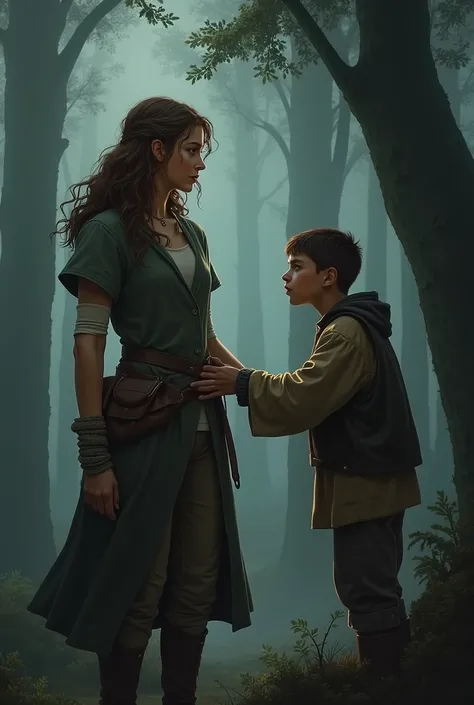 A portrait of Lyra and Zephyr, showcasing their friendship and concern for each other. Zephyr could be tugging on Lyras sleeve, with a worried expression, while Lyra looks determined to enter the woods.