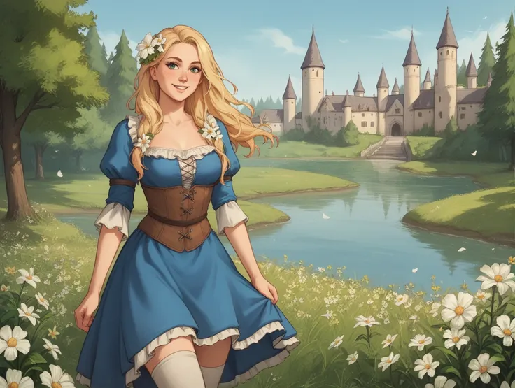 wh33z13, 1woman, long blonde hair, adult, wearing medieval dress, flowers on dress, flowers in hair, thigh-highs, smile, background with medieval castle and and lake, 