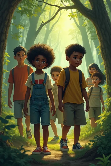 Four boys in a forest. two women and two men, a dark-skinned girl with curls wearing a pair of Oberol trousers, the other one has straight black hair and light skin and honey eyes. One boy with a nervous expression and the other blonde with a penetrating l...