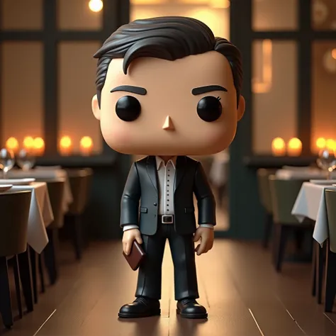 Create a male funkoo pop with features: Mark, a well-dressed man in his mid-30s, stands in upscale restaurant, waiting patiently for his table. He has neatly styled hair and wears a dark blazer over a light button-up shirt, paired with tailored trousers an...