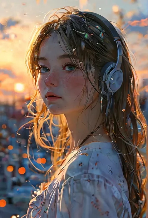 High resolution, One girl, Very long hair, Anatomically correct, Earrings, Background blur, Closed eyes, Sleepy, anime, anime風, Ghibli-style colors, A girl listening to music with headphones under the night sky