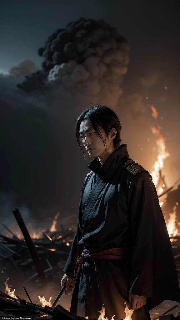 After the burning of Mount Hiei, Oda Nobunaga walks through the ashes and ruins. His face is expressionless, and the scene is filled with the aftermath of destruction, with charred remains and smoke