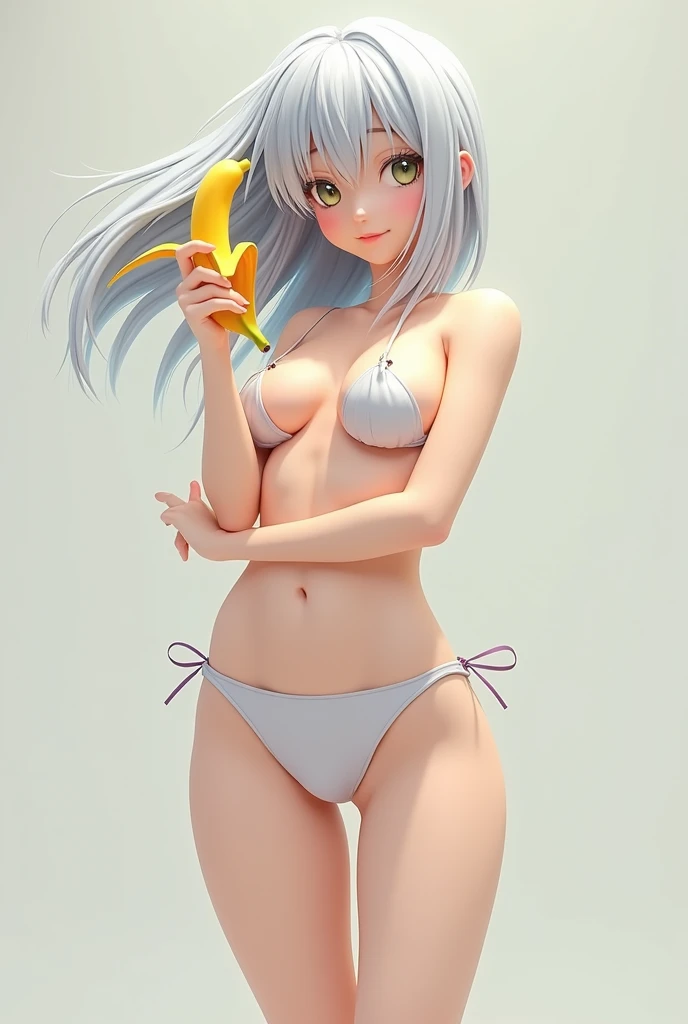  amine flat chested silver hair full body scantily clad holding a banana 