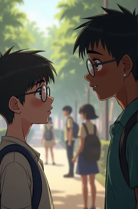 A boy with short hair and glasses, white and brown eyes jealous to see a girl with short hair, white and wearing glasses talking to a tall, dark-skinned boy with brown eyes