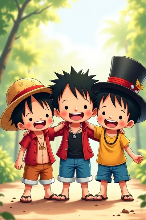 "Create a cute, chubby, and colorful illustration of Luffy, Ace, and Sabo as children standing together with their arms around each others shoulders, smiling happily. The characters should have an adorable, cartoonish appearance with big, expressive eyes a...