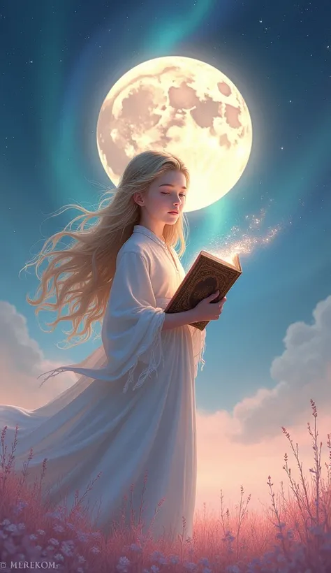 The night sky is tinged with a pale pink color, countless stars are shining, and a large full moon gently illuminates the center of the sky. The starlight plagues a soft circle of light around the girl. She is a wizard girl, wearing long, flowing robes and...