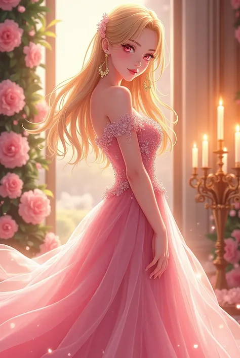 (8k)(beautiful)(super cute)25 yo gorgeous and beautiful anime girl with blonde hair and pink eyes in pink noble party dress with golden earrings 