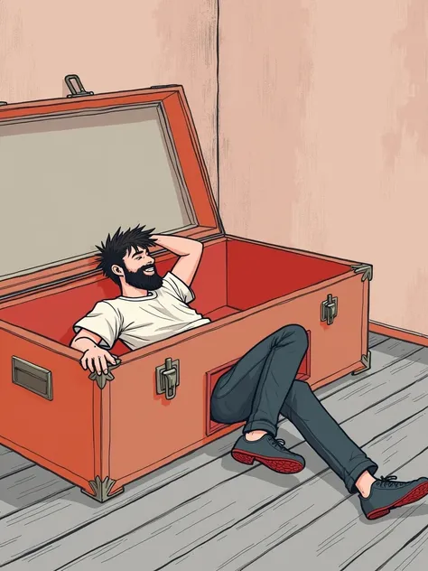 (UHD, anatomically correct, masterpiece, best quality, highres, high details, 8k), A room with a drab wooden floor, Full view of the room:1.2, Large trunk case, male１people, beard, Wolf Cut, T-Shirts, jeans, (成peoplemaleがトランクケースの中で横たわっている, ), Happy express...