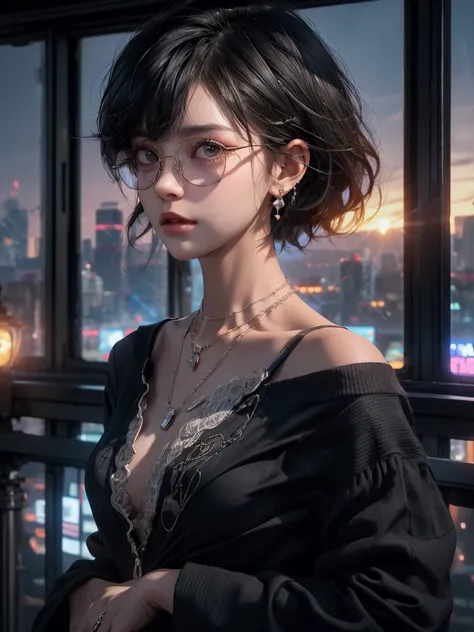 absurdists, RAW Photos, Very delicate and beautiful, masterpiece, Highest quality, Ultra-high resolution, 32K, Surreal, Very detailed, Cyberpunk World、Delicate facial features,, Earrings,beautiful large chest, Full Body Shot, (Diagonal bangs, Hair in the e...