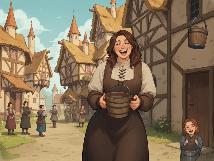 wh33z13, 1woman, long brown hair, young, late teen, carrying buckets, Background with a medieval town, castle in far background, wearing medieval clothing, wide hips, smile, laugh, people in far background